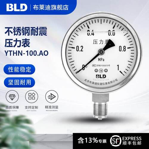 BLD北京布莱迪YTH(N)-100.AO不锈钢压力表1.6级 耐震高温 304接头