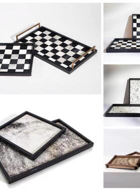 现代简约斑点马毛皮质金属托盘收纳置物创意摆件桌面客厅样板间