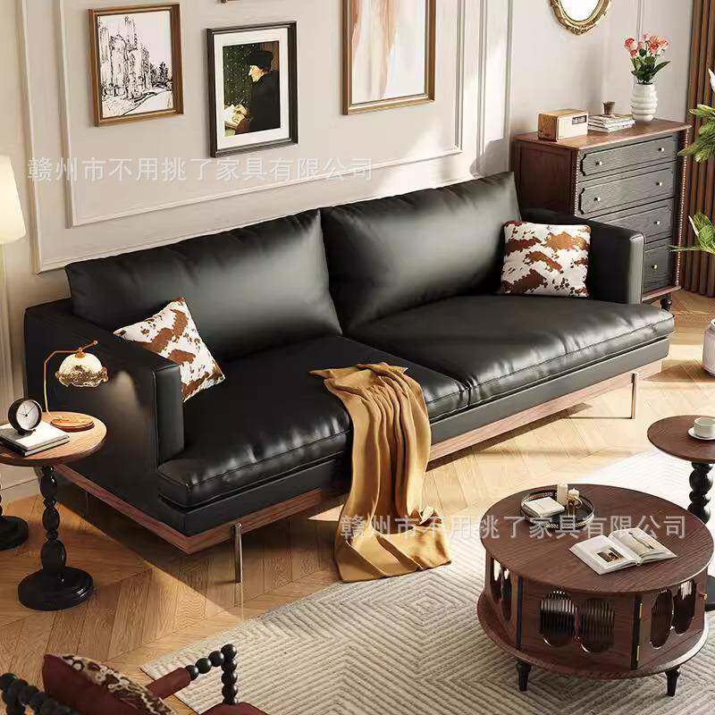 法式复古白蜡木实木油蜡皮沙发客厅2026新款中古风直排沙发