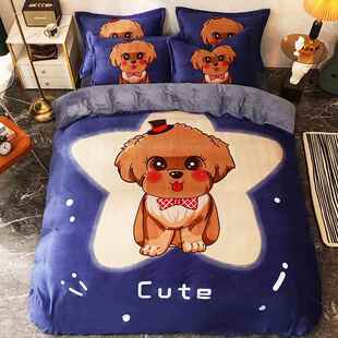 高档绒冬季双面珊瑚床上三四件套兰加卡绒通儿童男生床单被套法牛