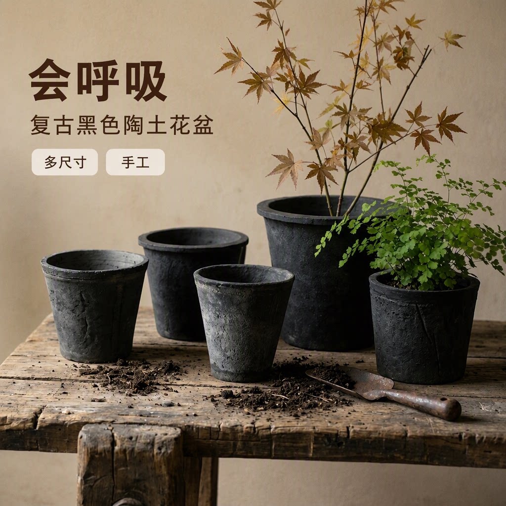 复古黑色陶土圆形多肉花盆