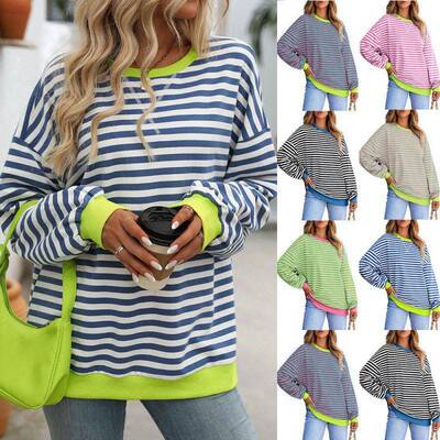 Clearance Womens Oversized Striped Sweatshirt Crewneck Color