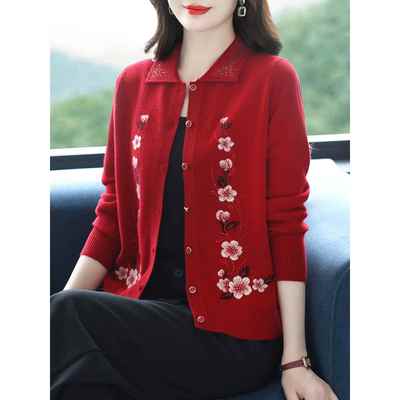 高端品牌100%纯羊毛开衫外套女春秋2025新款妈妈大码羊毛绒衫毛衣