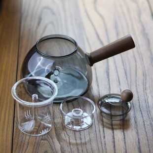 日式憨厚短嘴泡茶壶实木侧把蒸煮两用壶电陶炉煮茶壶耐热玻璃壶