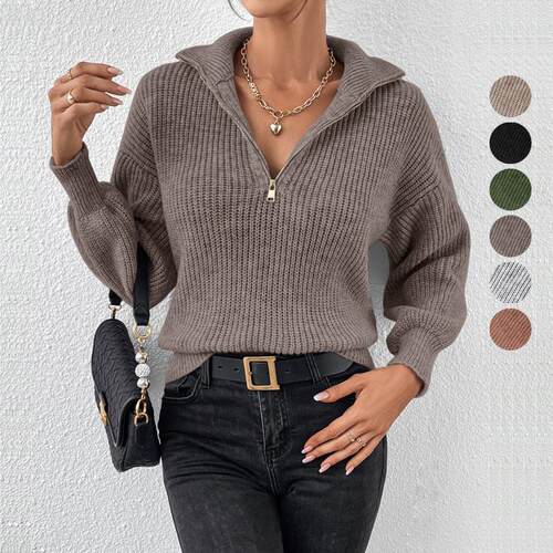 Women's Plain Half Zip Drop Shoulder Sweater  Casual Long