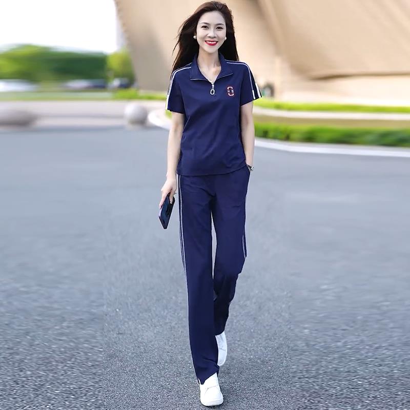 运动套装女夏季薄款2025新款时尚洋派冰丝短袖休闲 跑步服两件套