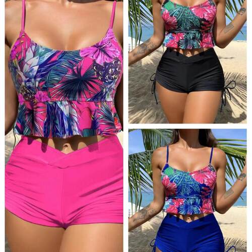 Split high waisted boxer shorts bikini swimsuit