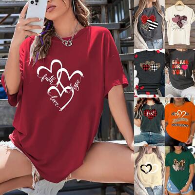 Women's Heart, Leopard & Letter Print Round Neck Fitted Tee