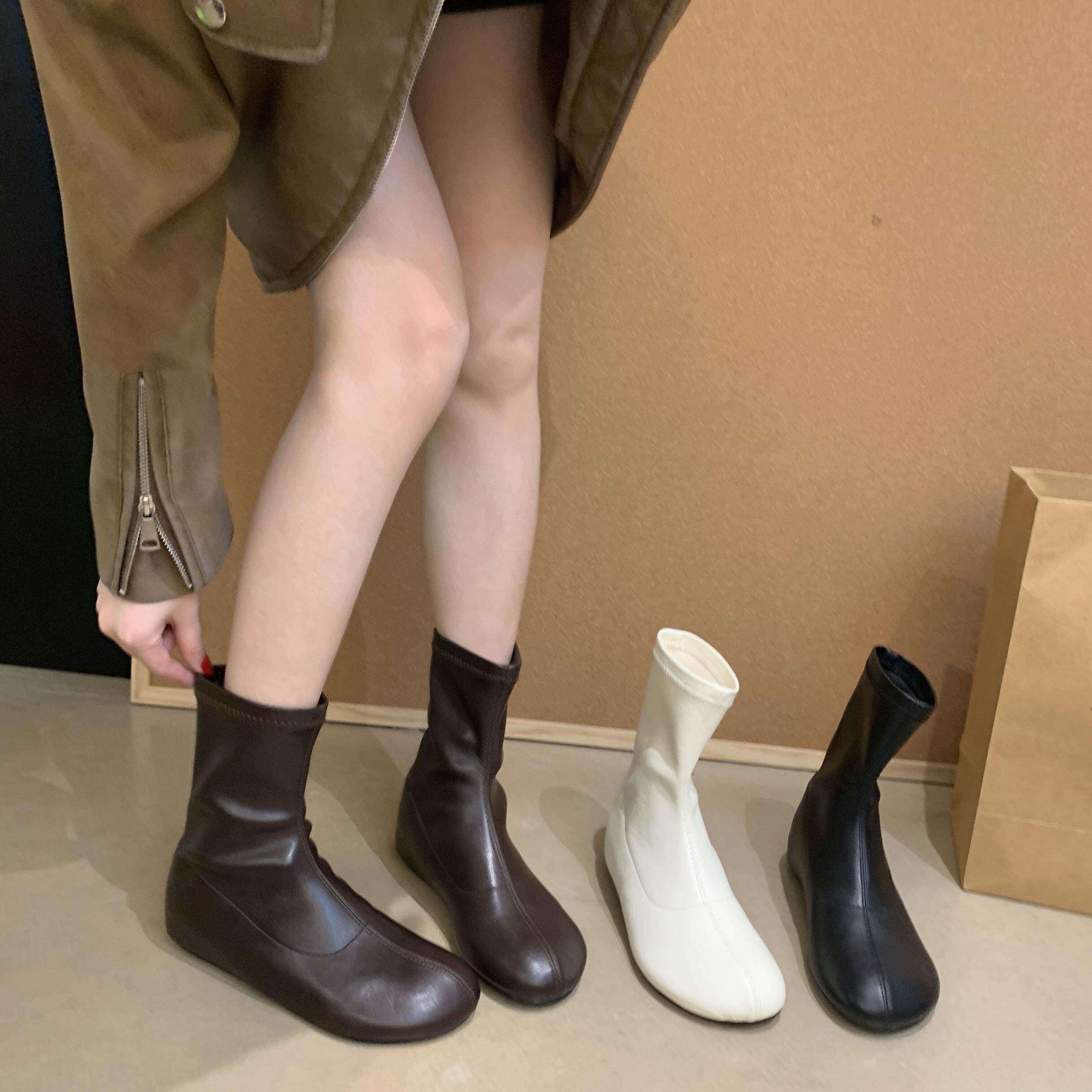 潮牌女鞋2025秋冬新款真皮chic纯色减龄圆头侧拉链低跟弹力瘦瘦靴