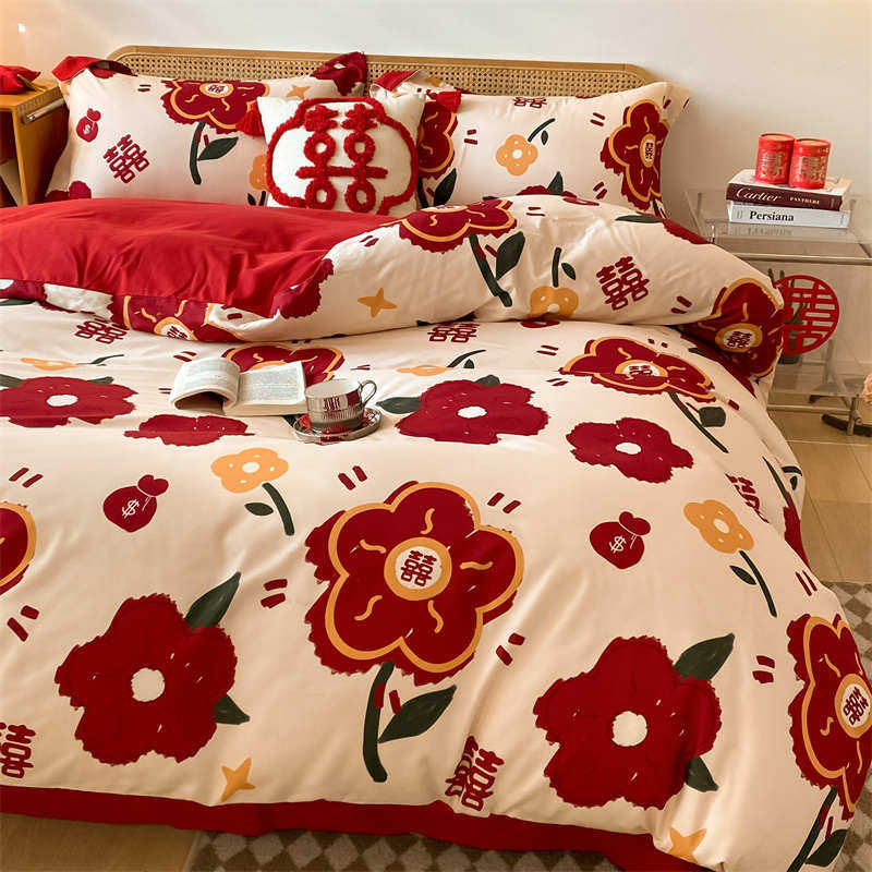 新婚水洗棉床上四件套结婚磨毛中式婚庆喜L被套陪嫁大红色床单床,床上用品,婚庆床品套件,淘宝优惠券,粉丝福利购,淘宝优惠卷