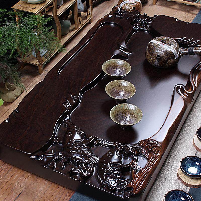 红泰乌木茶盘全实木茶盘鸡翅原装红木海盘功夫茶具莲鱼