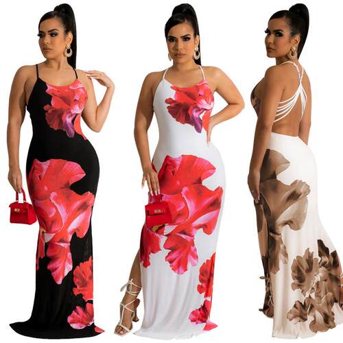Dress with red flowers and floral prints, open back long