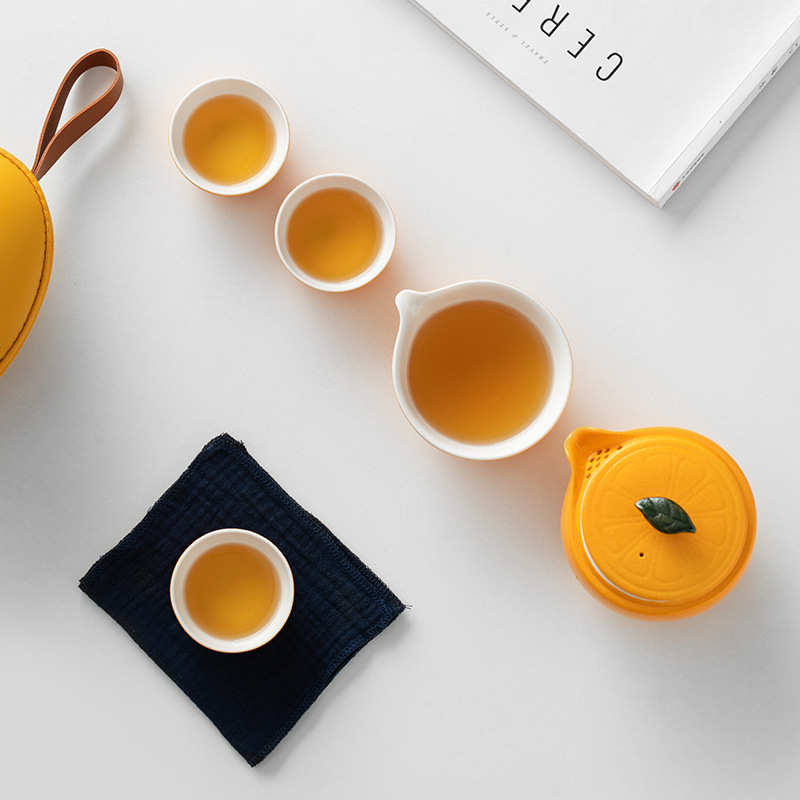 橘子一壶三杯快客杯旅行茶具茶壶公杯陶瓷伴手礼新中式企业定logo