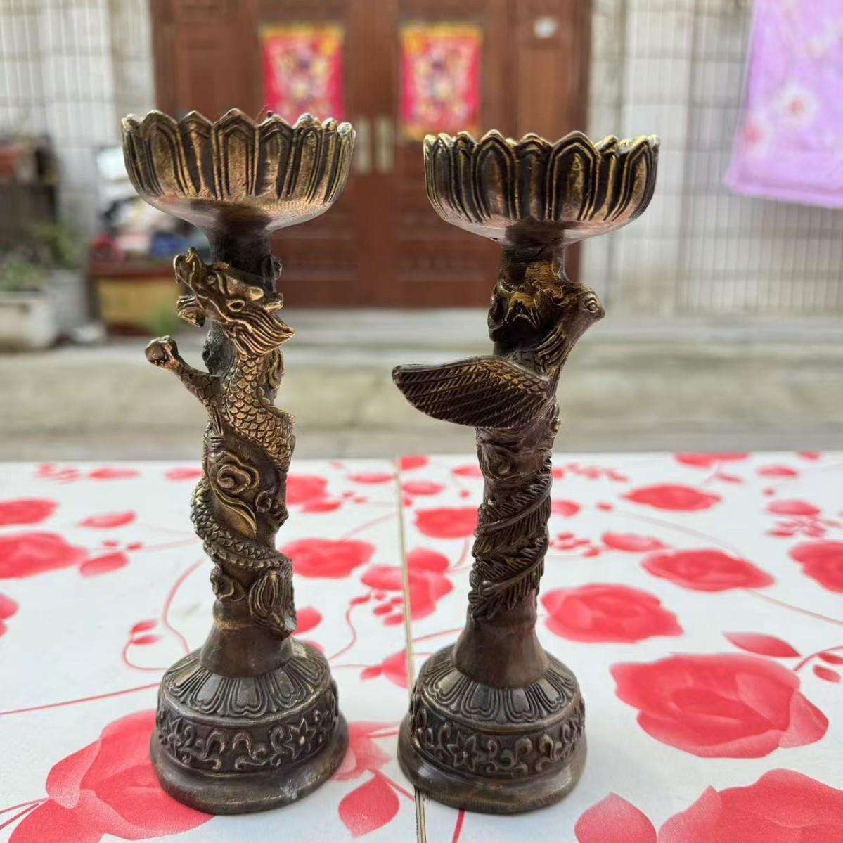 仿古龙凤烛台摆件古玩杂项龙凤呈祥烛台一对家居装饰古董工艺品