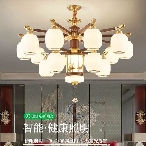 新中式复式楼别墅客厅大吊灯全铜实木楼中楼跃层楼梯长吊灯具