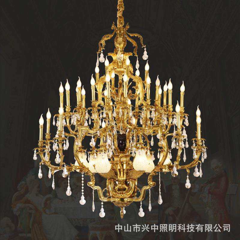 法式复古全铜水晶大吊灯欧式别墅复式楼挑空客厅楼梯脱蜡铜灯饰
