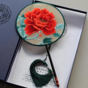 非遗苏绣纯手工双面绣团扇牡丹重工出国礼品礼盒跳舞古装国色芳华