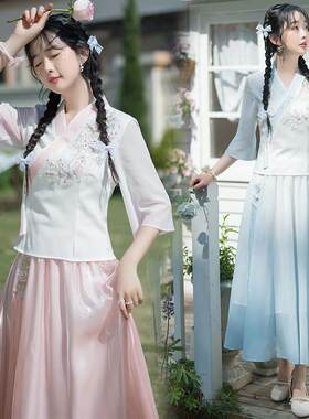 汉元素改良日常汉服女款上衣中国风唐装套装夏茶服采耳师服装仙气