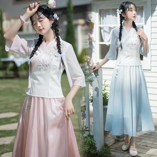 汉元素改良日常汉服女款上衣中国风唐装套装夏茶服采耳师服装仙气