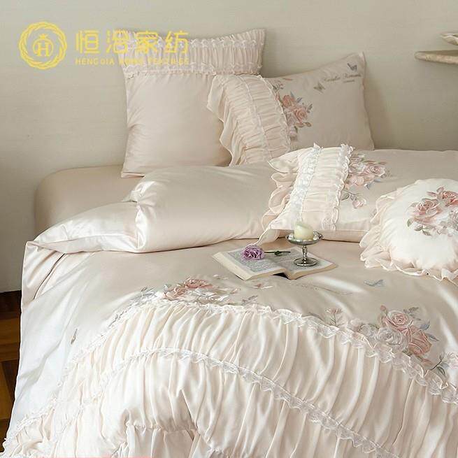 法式少女心澳棉全棉四件套浪漫花卉刺绣纯棉褶皱边被套床品白粉色
