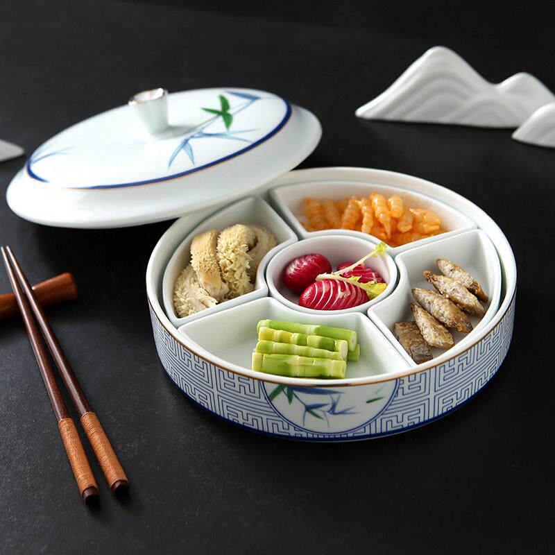 中式精致雅竹分隔金边果盘小食盒意境凉菜盘特色五格冷菜拼盘创意