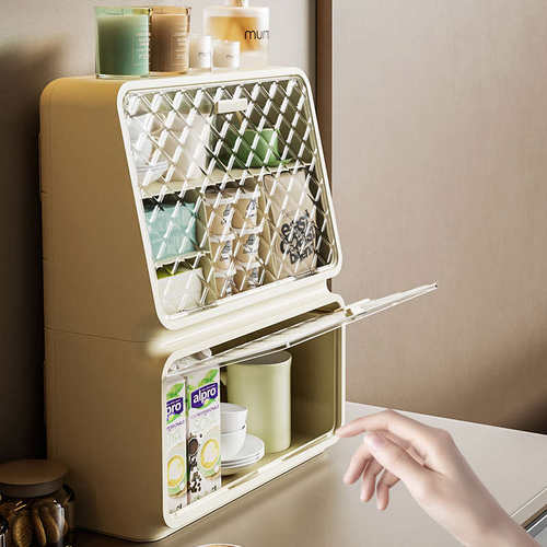 严选可壁挂式免打孔收纳盒双层可叠加防尘防潮餐具轻奢ins储物盒