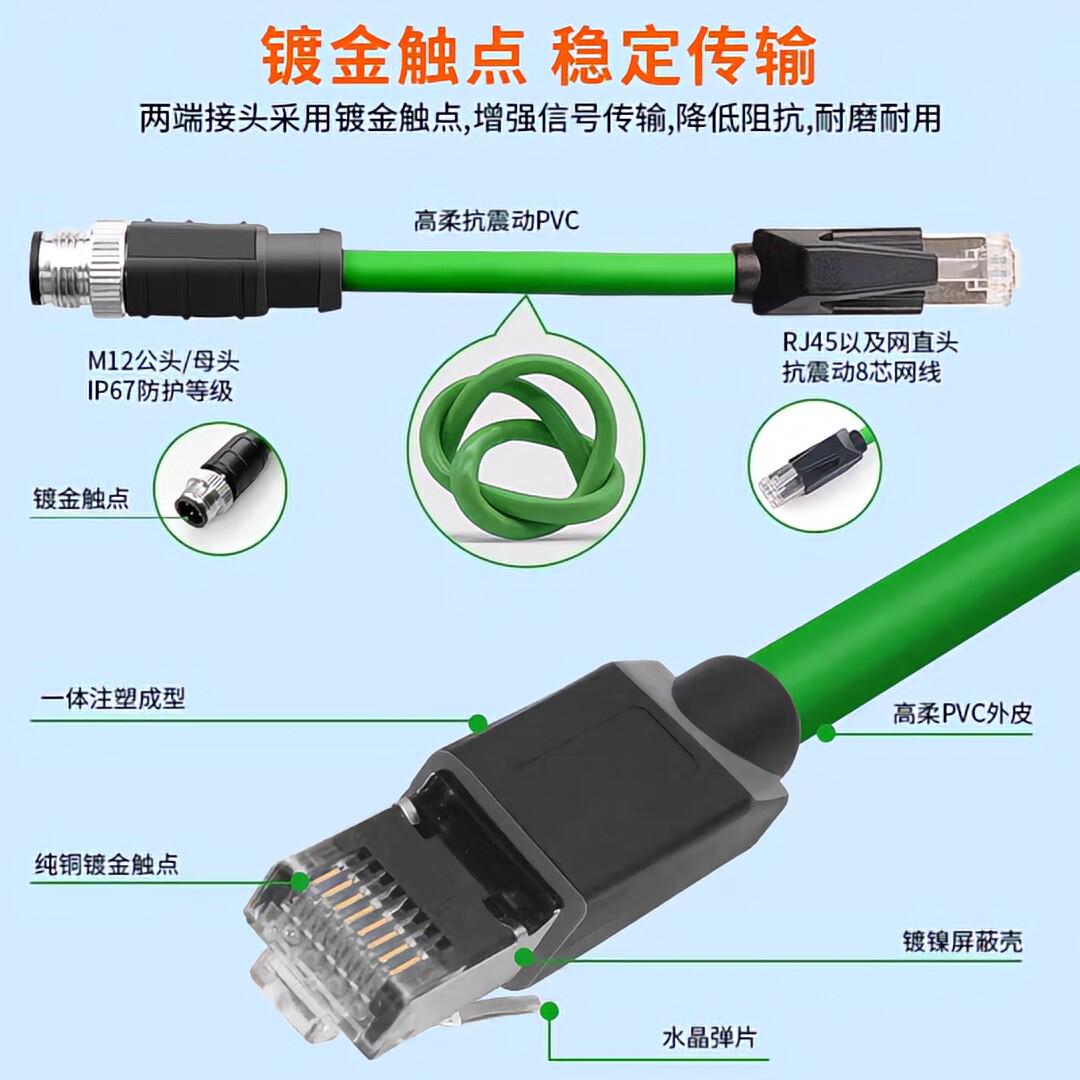 高柔拖链双屏蔽双绞线 RJ45母座转M12连接器4针8芯AD编码防水接头