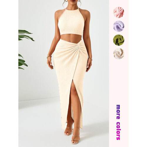 Women's Solid Color Fitted Crop Top & Split Hem Skirt