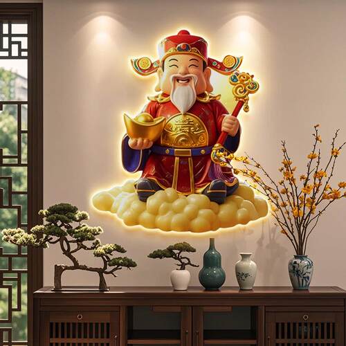 财神爷挂画入户对面玄关装饰画五福临门客厅高级感餐厅发光壁灯画