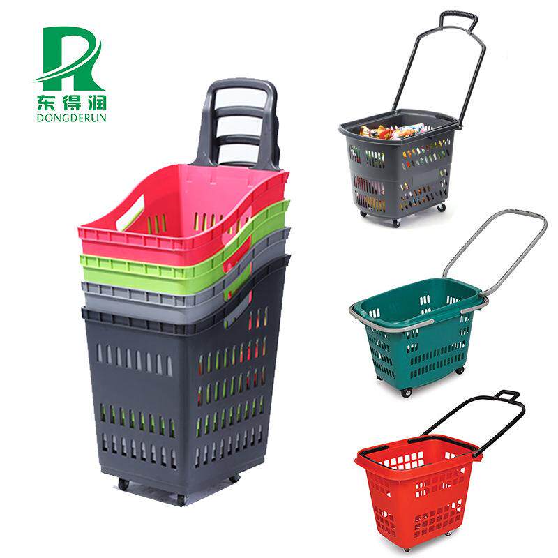 商场带轮塑料拉杆篮超市大容量手拉篮塑料滚动购物篮
