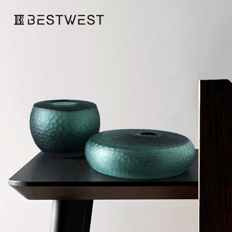 Best west 中古风高档扁平鱼鳞纹玻璃花瓶花器 家居绿色中式摆件,家居饰品,花瓶,淘宝优惠券,粉丝福利购,淘宝优惠卷