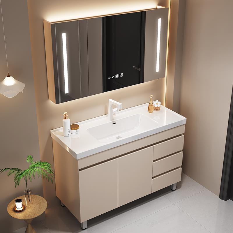 奶油风浴室柜组合陶瓷一体盆落地式洗手池洗脸面盆柜洗漱台卫生间