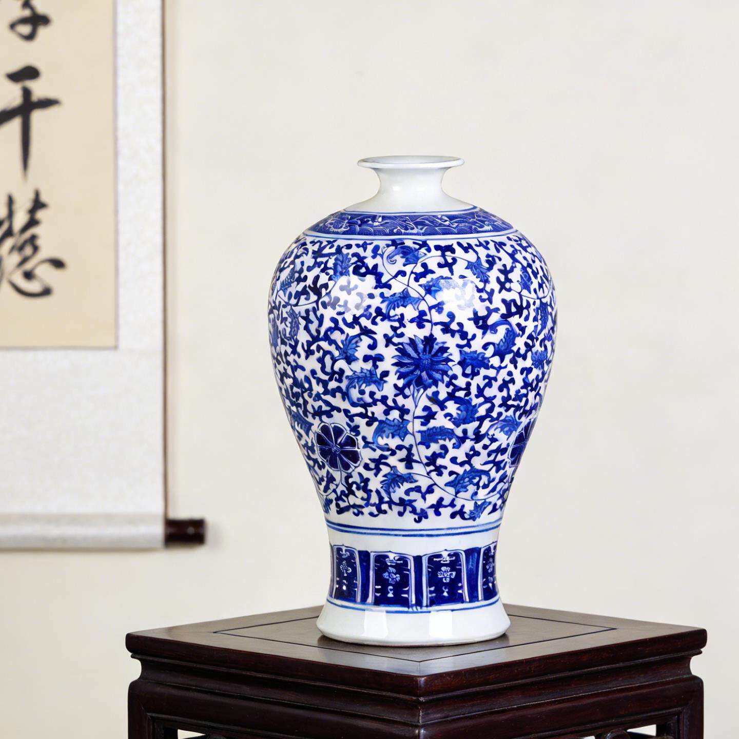 景德镇陶瓷器手绘青花瓷花瓶新中式客厅插花玄关角几家居装饰摆饰