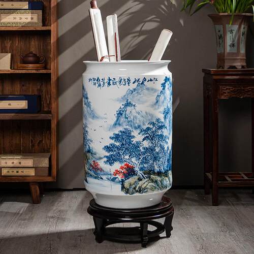 景德镇陶瓷高端手绘花瓶书画 画卷轴缸客厅书房字画 画收纳桶新中