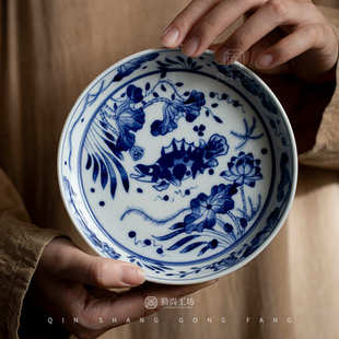 仿古青花陶瓷壶承盖碗底托复古功夫茶具配件干泡盘小茶承茶点盘