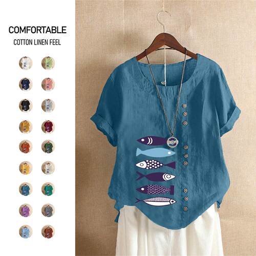 Large size cotton and linen short sleeved pullover