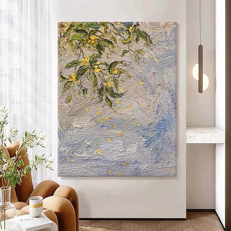 纯手绘小众绿植花卉肌理油画客厅玄关装饰画卧室东方美学桂花挂画