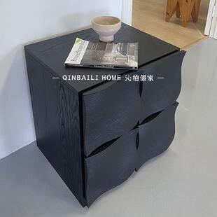 黑胡桃木色床头柜意式简约实木卧室抽屉储物柜子橡木黑色床边柜