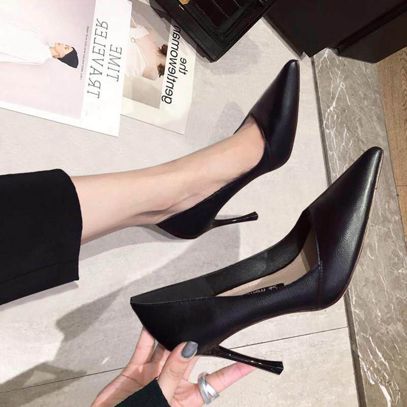 黑色高跟鞋女细跟尖头法式职业工作单鞋名媛气质9cm宴会真皮女鞋