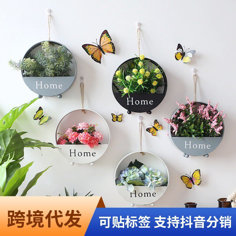 欧式创意铁艺圆形墙上壁挂 简约客厅墙面装饰收纳花篮壁挂