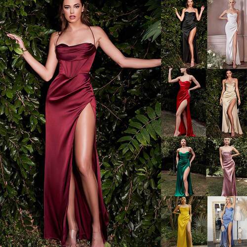 Party evening dress, high waisted slit silk dress, women's