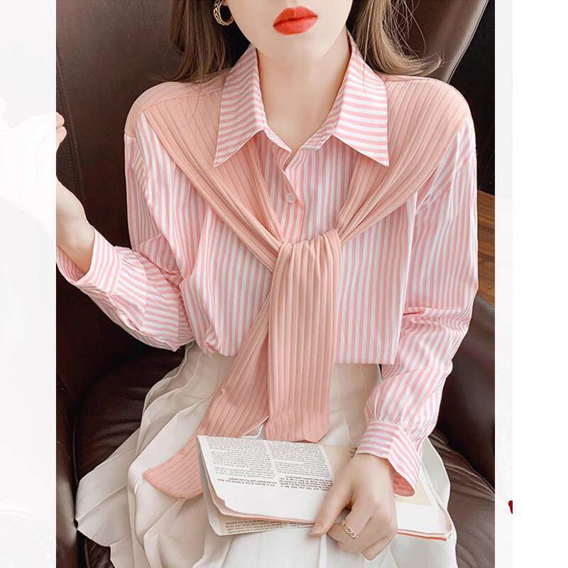 欧洲站披肩假两件条纹衬衫女2025新款轻奢高级感春秋撞色雪纺上衣