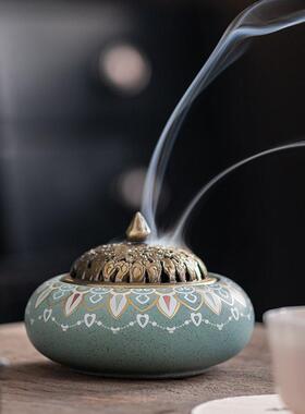 陶瓷香薰炉祥云摆件家用室内茶道仙鹤炉合金盖琳琅彩盘1010k