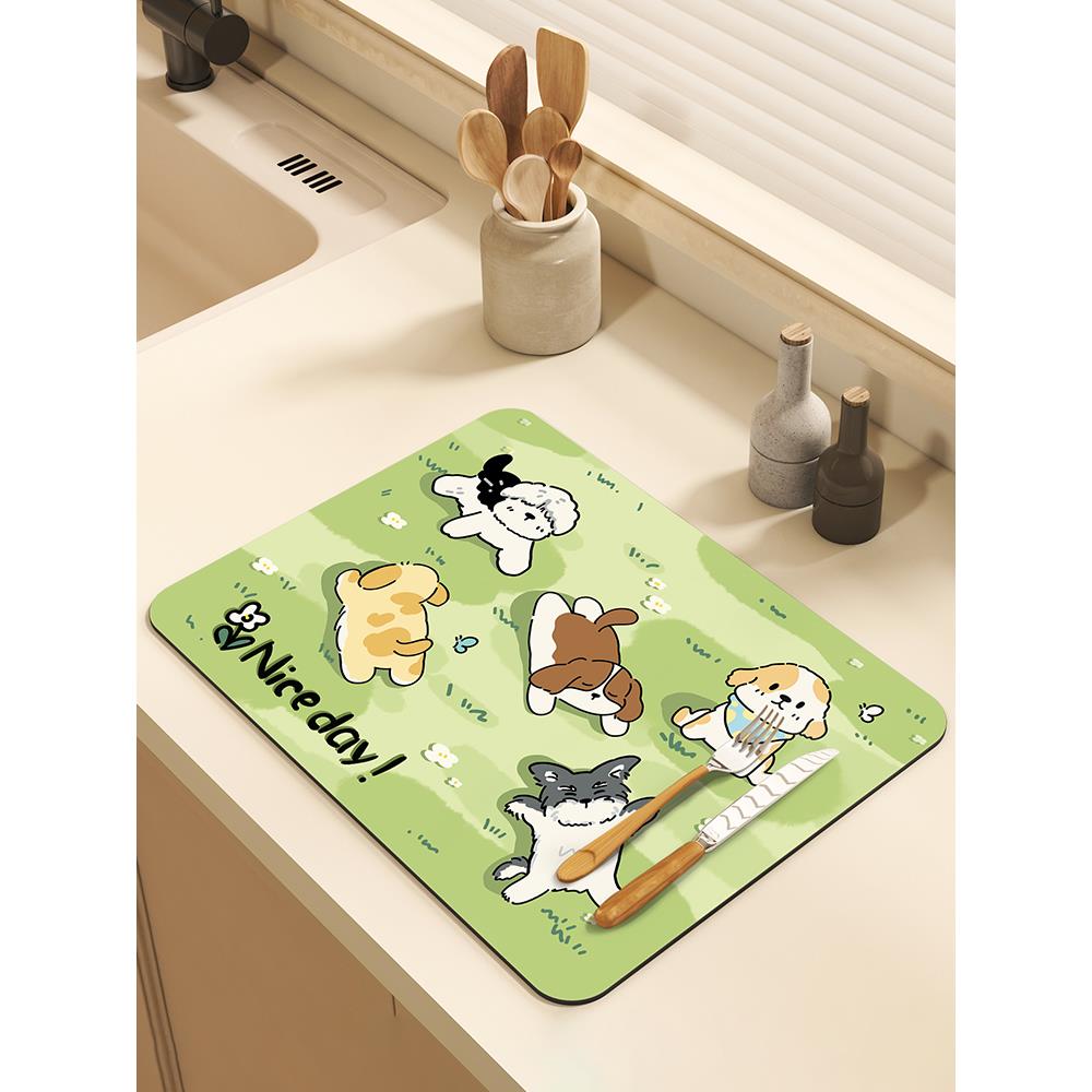 草坪小狗厨房沥水垫硅藻泥台面免洗速干吸水碗垫碗筷杯防滑控水垫