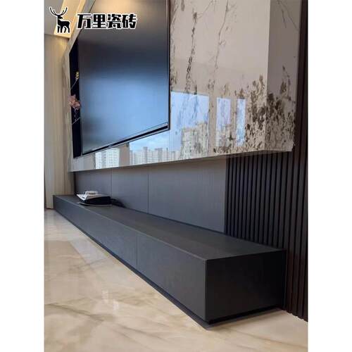 岩板电视柜客厅落地式海棠角纯黑极简现代轻奢高端壁炉定制地台柜