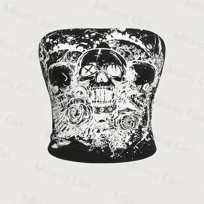 Women Skull Floral Print Crop Bandeau Tube Punk Casual