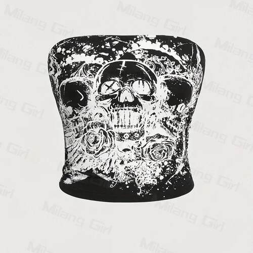 Women Skull Floral Print Crop Bandeau Tube Punk Casual