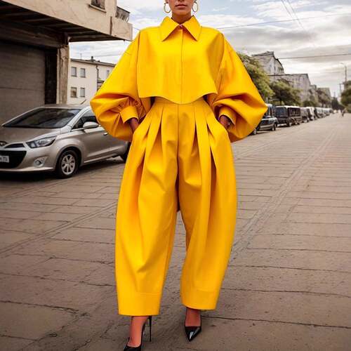 Women's 2-Piece Suit Long-Sleeve Loose Buttoned Pleated