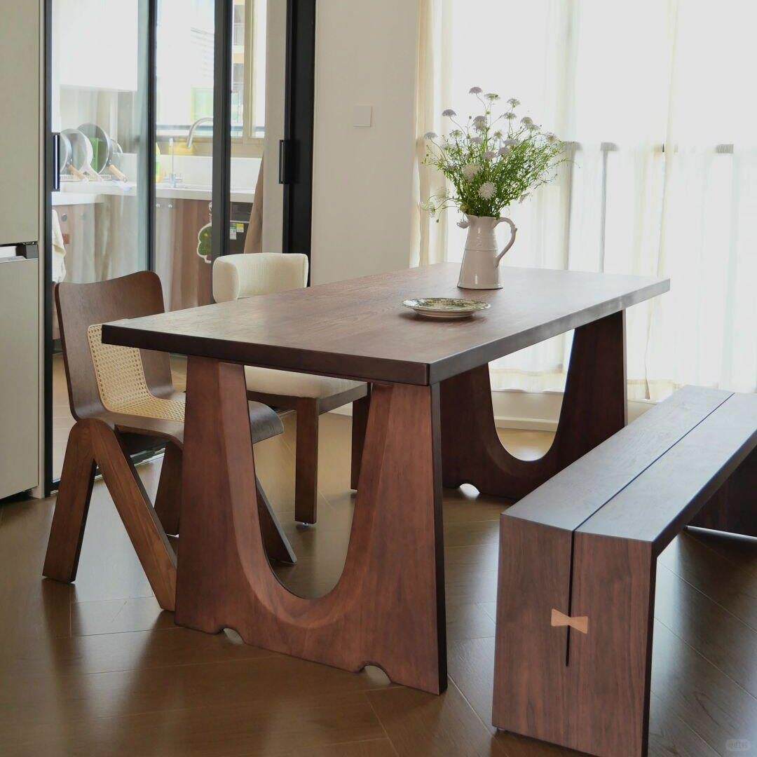 客厅白蜡木大板卓会议桌长方形吃饭卓小户型厚实纯实木餐桌椅组合
