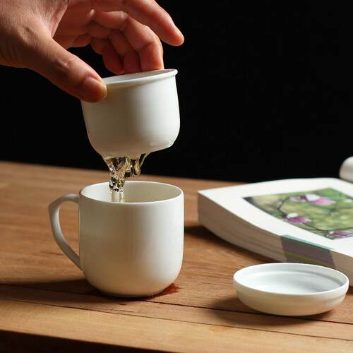 新阁景德镇陶瓷办公茶杯与茶排茶杯白瓷办公茶杯茶水分离茶杯